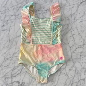 Ruffle Butt Sz 7 Pastel Tie-Dye & Striped Ruffle Pinafore One-Piece Swimsuit